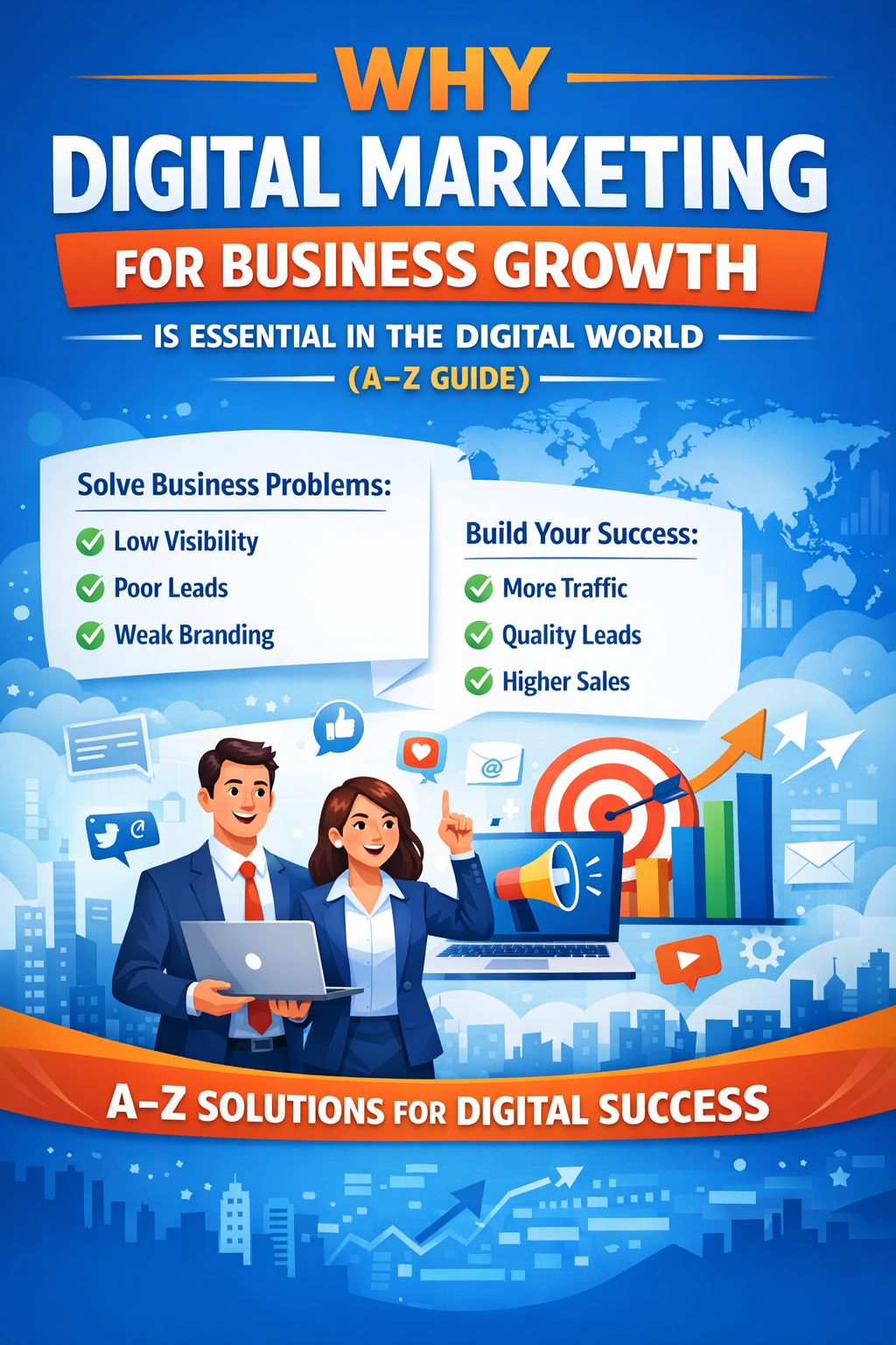 Digital marketing business growth infographic showing solutions for low visibility, poor leads, weak branding, and strategies to increase traffic, quality leads, and higher sales.