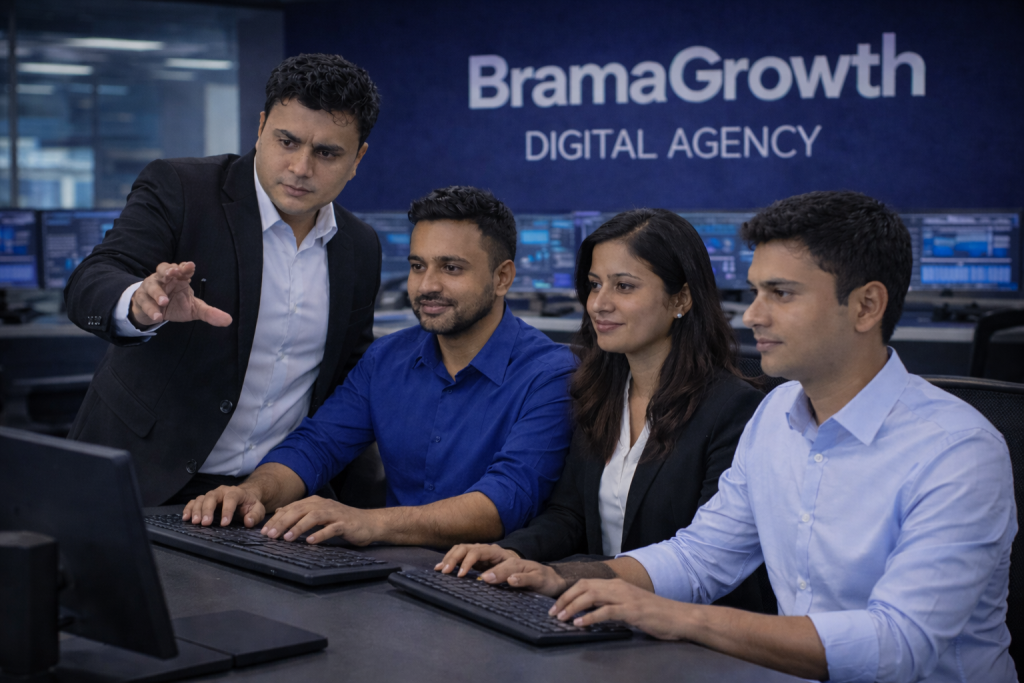 BramaGrowth Agency leader guiding digital marketing team during strategy discussion in office