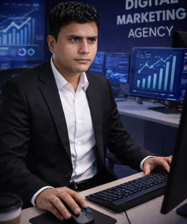 BramaGrowth Agency founder analyzing digital marketing performance data on multiple computer screens