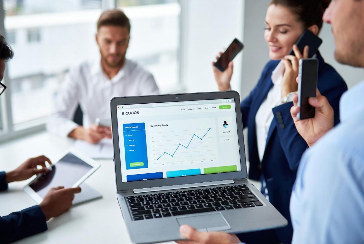 Digital growth concept showing laptop with website interface, analytics charts, and people using mobile devices for business Importance of a Website for Business