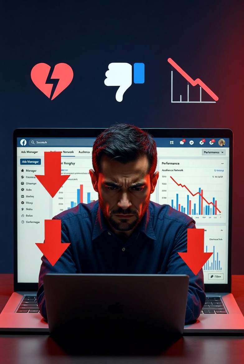 Facebook ads not working showing low performance dashboard with declining sales and negative analytics chart