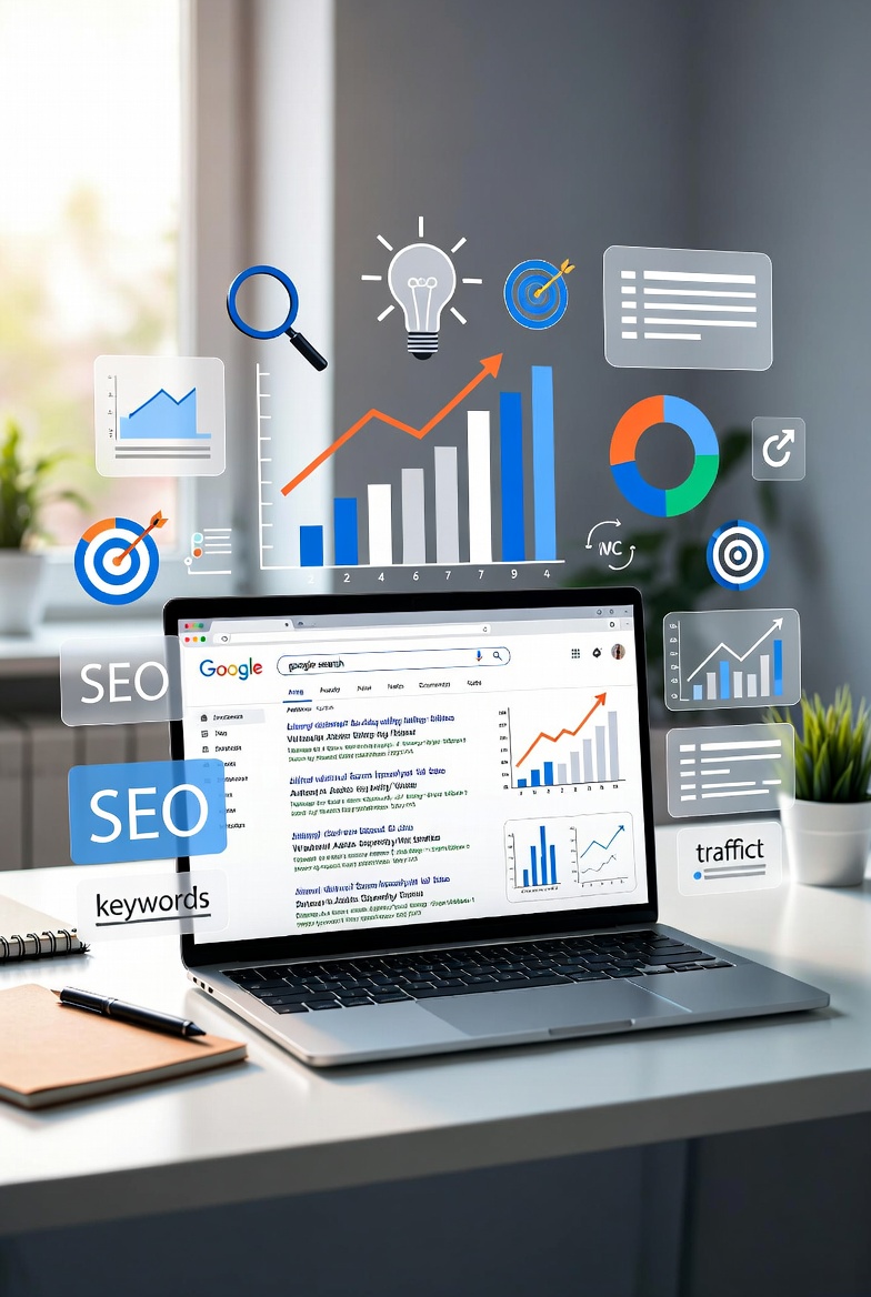 How to rank on Google using SEO strategies with analytics dashboard and search results on laptop screen
