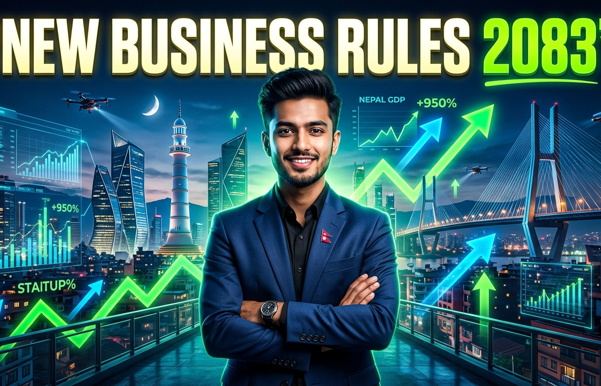 Futuristic Nepal business growth 2083 concept with young Nepali entrepreneur, digital charts, and neon glowing upward arrows representing new business rules and success strategy