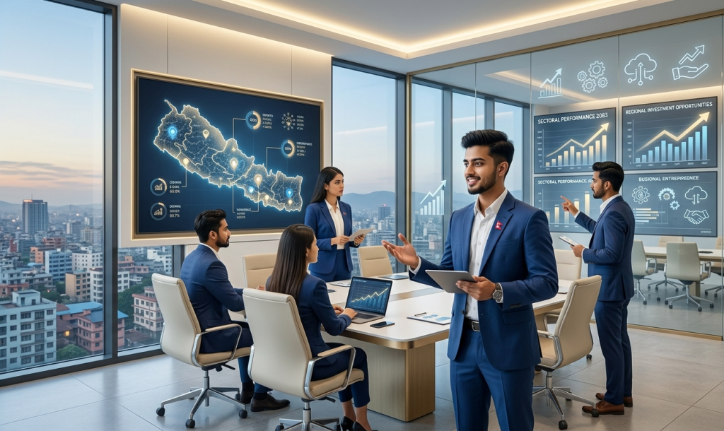 Futuristic business growth concept in Nepal 2083 showing young entrepreneur with digital charts, AI technology, and rising arrows representing new business rules and success strategy