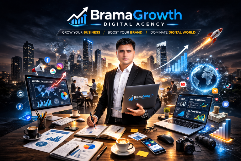 Digital marketing Nepal concept showing SEO, social media, Meta ads, website design and business growth dashboard in modern professional style