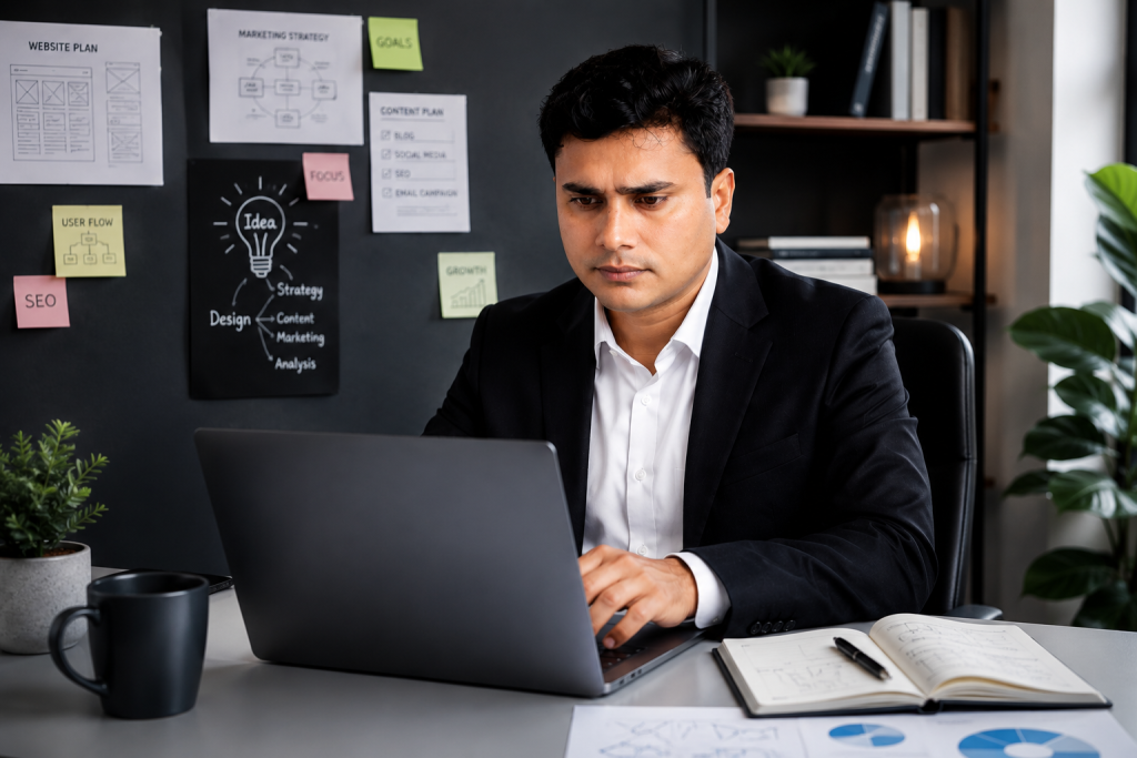 Bramagrowth founder working on digital marketing, SEO, website development, branding, and business growth projects for clients.