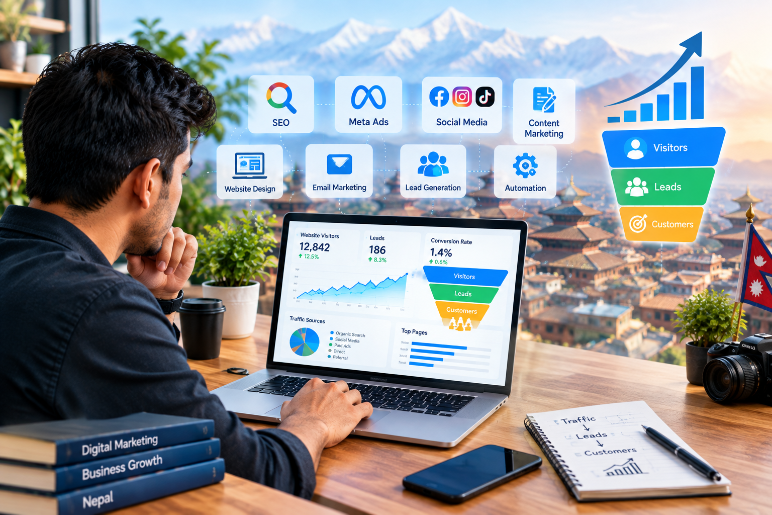 Nepali business owner working on a laptop