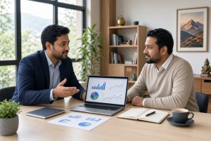Nepali digital marketing professional discussing marketing questions with a business owner
